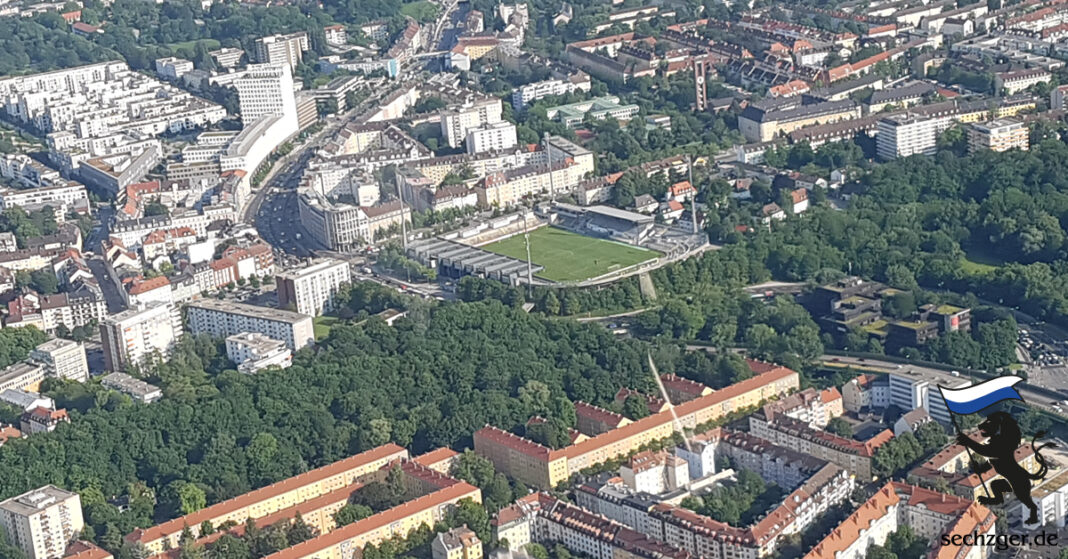 Grünwalder Stadion Luftaufnahme mit Blick auf die Gästekurve