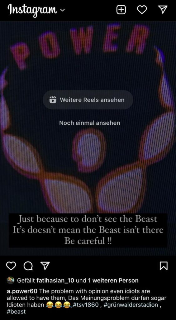 Entgleisung Anthony Powers auf Instagram: „Just because to don’t see the Beast it’s doesn’t mean the Beast isn’t there. Be careful.“ Und weiter: „The problem with opinion even idiots are allowed to have them.“